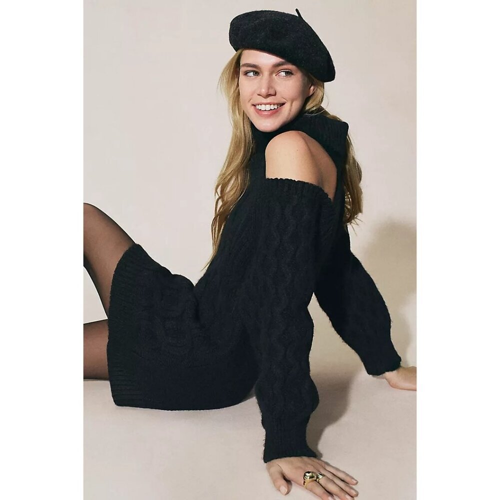 Anthropologie Pilcro Cable-Knit Sweater Dress Womens Size MP Open-Shoulder Tunic